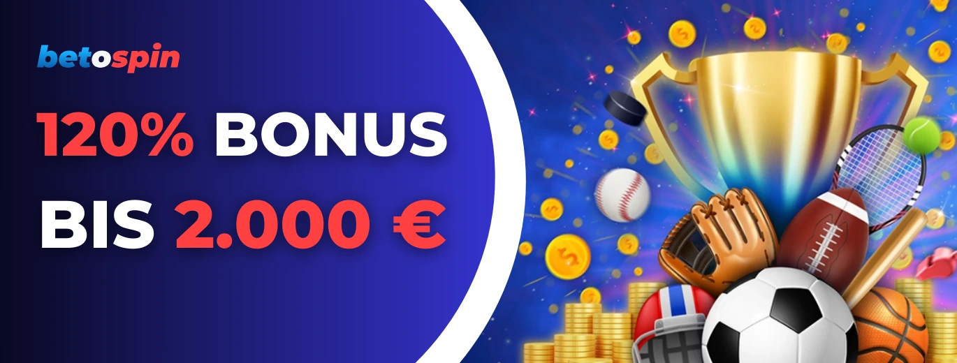 Goldener Pokal und verschiedene Sportausrüstungen mit Text, der einen 120 Prozent Bonus bis zu 2.000 Euro anbietet.