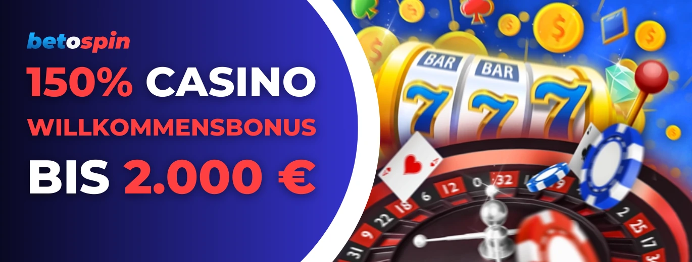 Spielautomat, Roulette-Rad und Pokerchips mit Text, der einen 150 Prozent Casino-Willkommensbonus bis zu 2.000 Euro anbietet.