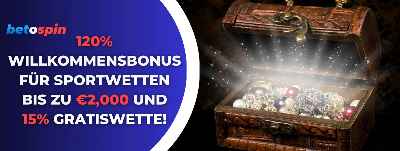 Werbebanner für Betospin mit Willkommensbonus und Gratiswetten für Sportwetten.